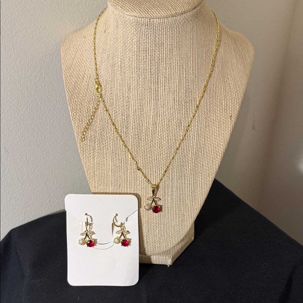 Gold Necklace and Earring Set with Red Accents